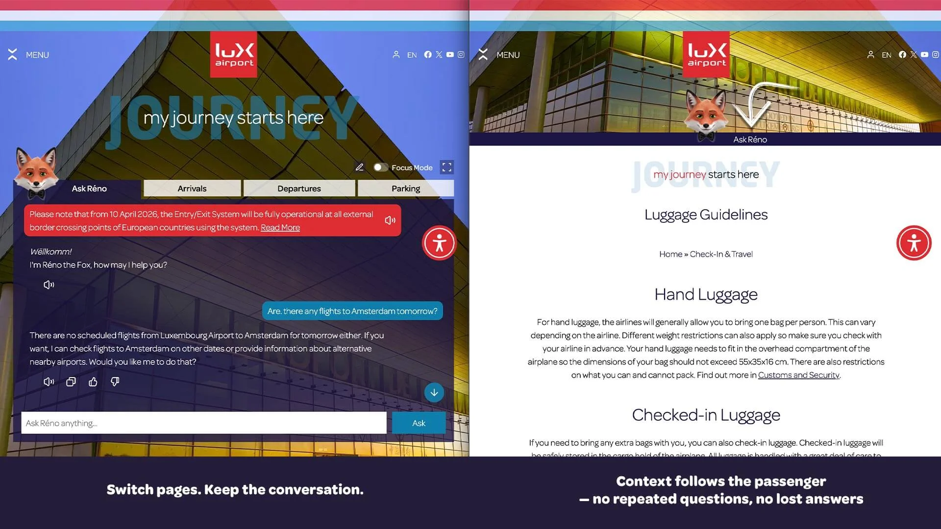 Chat continuity across pages — context follows the passenger